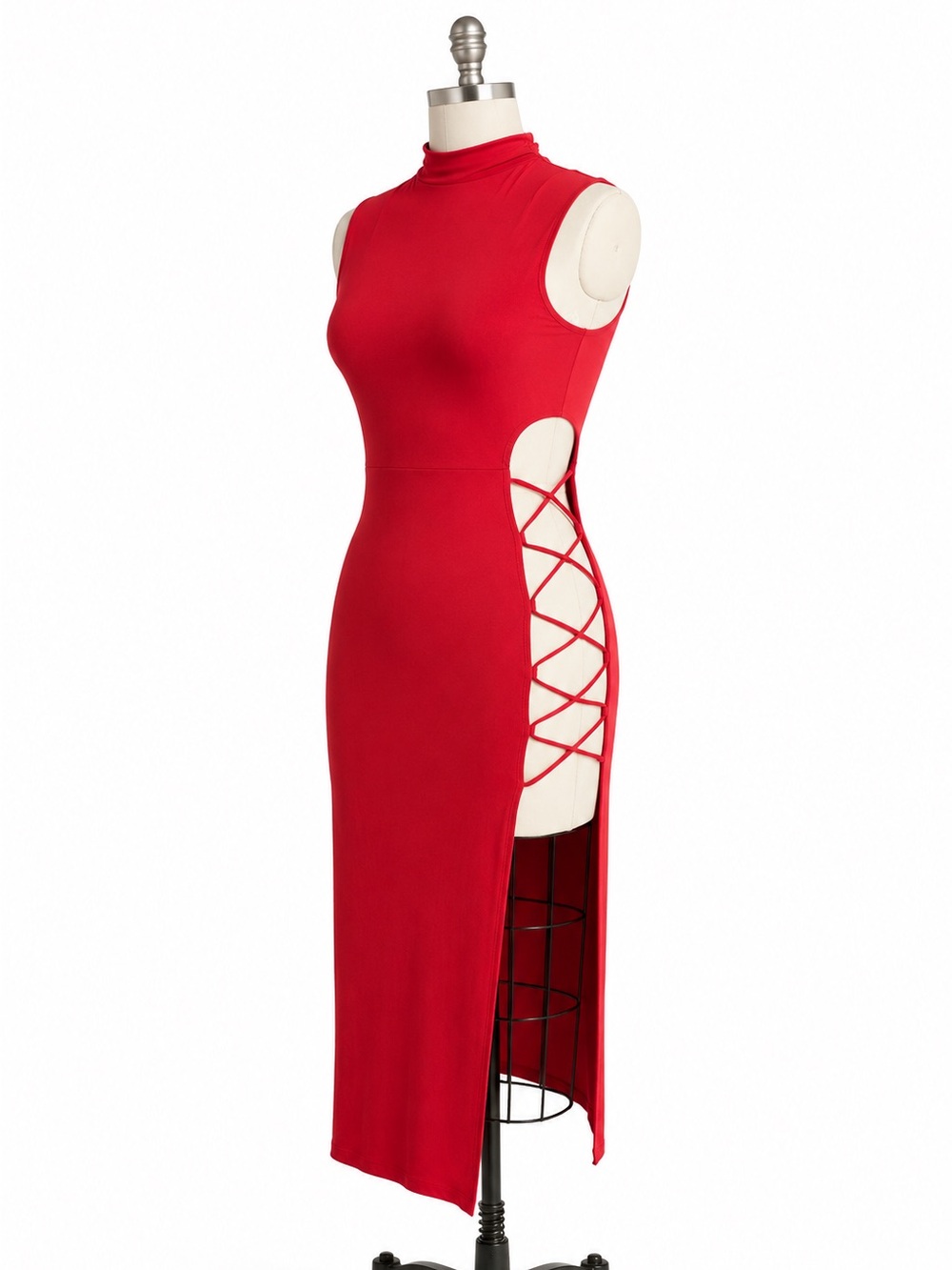 Lipstick Red Sleeveless Cutout Stretchy Lace Up  Sexy Midi Dress Turtleneck